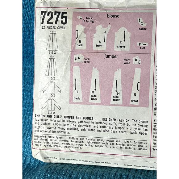 Simplicity 7275 Sewing girls Aline dress blouse 1960s size 4 - Picture 4 of 5